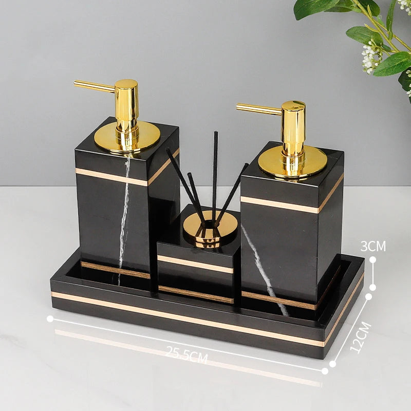 Black Nero Marquin Natural Marble Bathroom Accessories Luxury Gold Soap Dish Soap Dispenser Toothbrush Holder Tray Bathroom Set