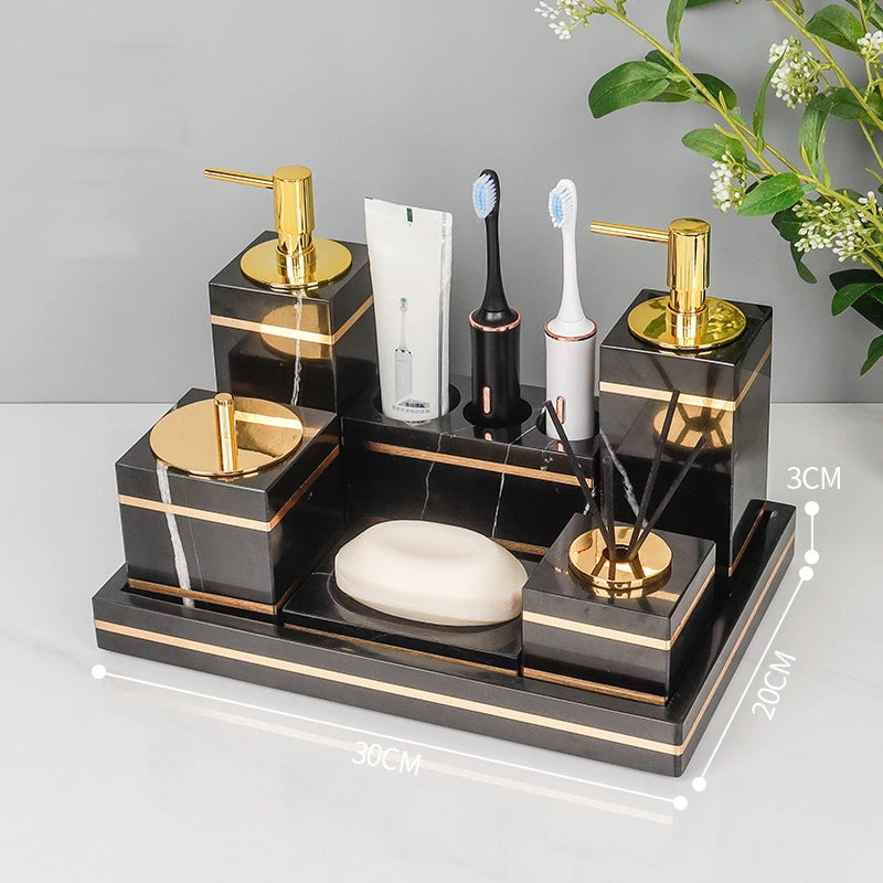 Black Nero Marquin Natural Marble Bathroom Accessories Luxury Gold Soap Dish Soap Dispenser Toothbrush Holder Tray Bathroom Set