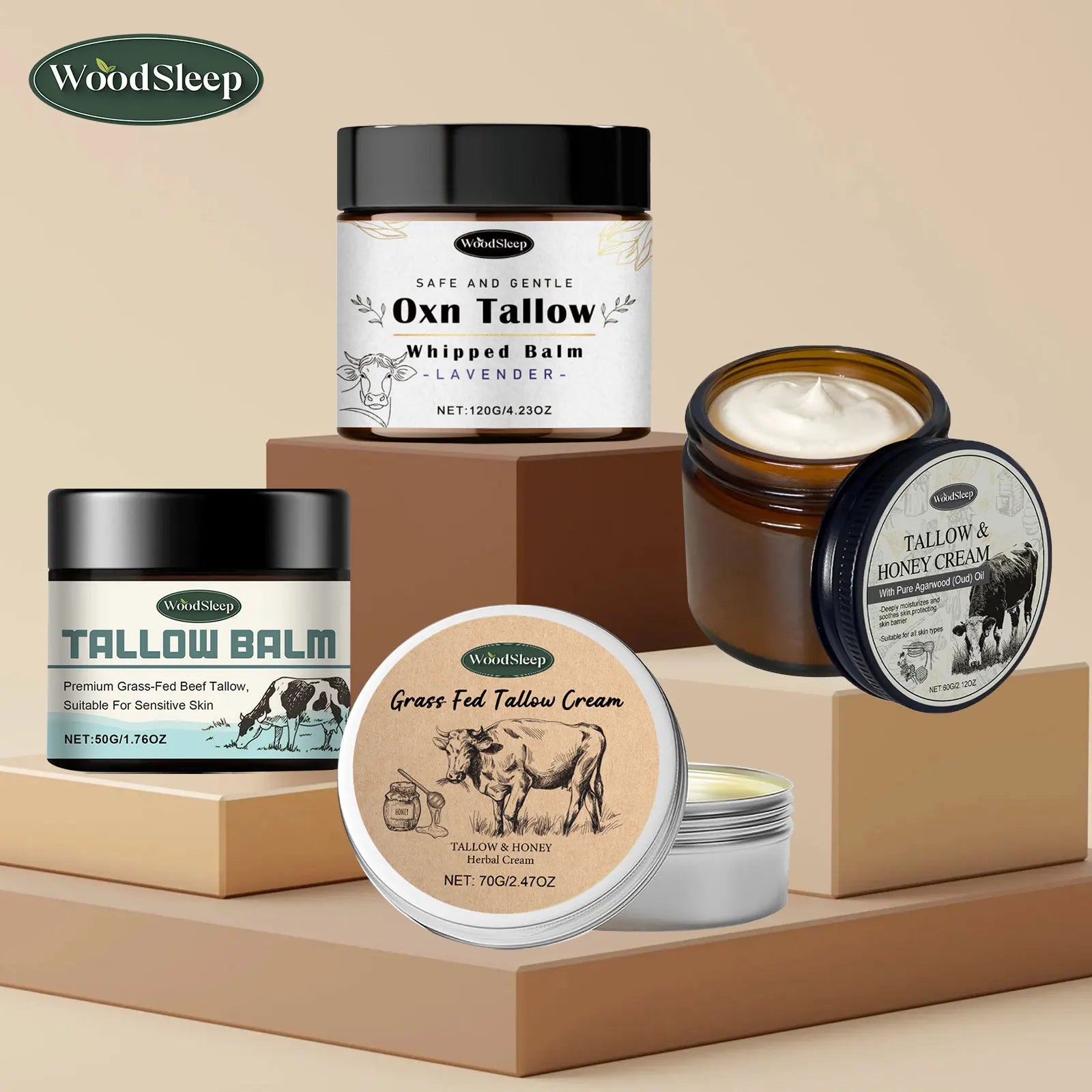 Various WOODSLEEP tallow balms for skin care displayed on neutral blocks.
