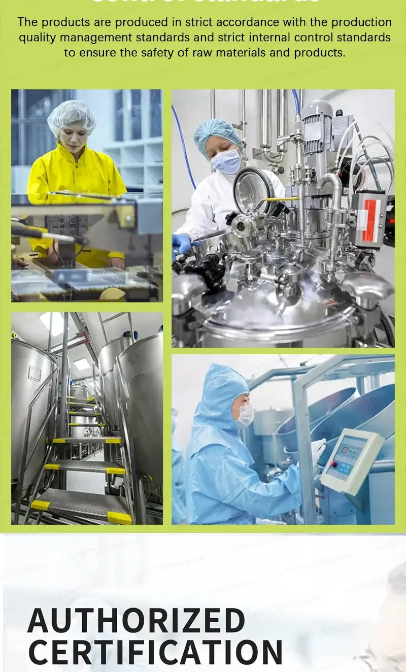 Collage of certified production processes ensuring safety and quality of raw materials in a manufacturing facility.