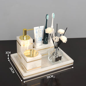 White Onyx Natural Marble Bathroom Accessories Luxury Golden Soap Dispenser Toothbrush Holder Soap Dish Tray Set for Bathroom