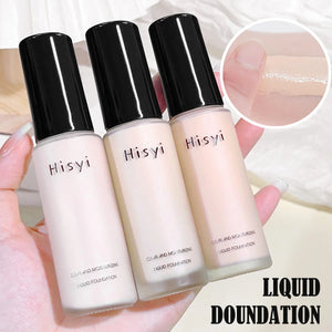 Hisy liquid foundation bottles in three shades with clear moisturizing formula for full coverage and lasting wear.