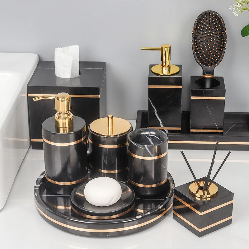 Black Nero Marquin Natural Marble Bathroom Accessories Luxury Gold Soap Dish Soap Dispenser Toothbrush Holder Tray Bathroom Set