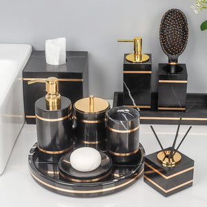 Black Nero Marquin Natural Marble Bathroom Accessories Luxury Gold Soap Dish Soap Dispenser Toothbrush Holder Tray Bathroom Set