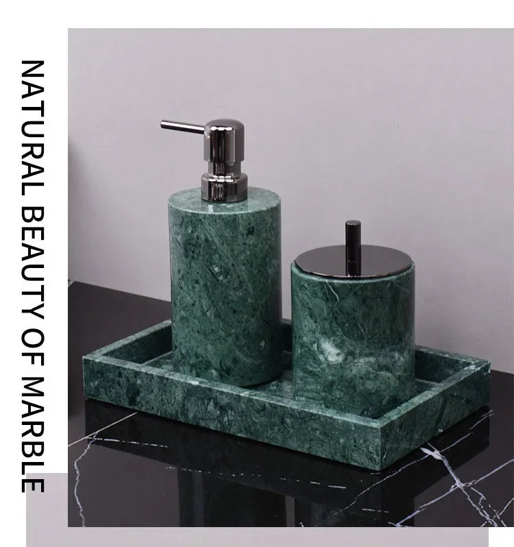 Wholesale Customized Dark Green Natural Marble Bathroom Set Nordic Light Luxury Tray Toothbrush Holder Soap Dispenser Kit
