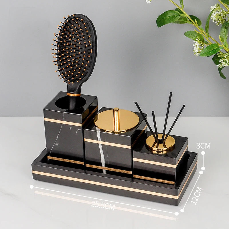 Black Nero Marquin Natural Marble Bathroom Accessories Luxury Gold Soap Dish Soap Dispenser Toothbrush Holder Tray Bathroom Set