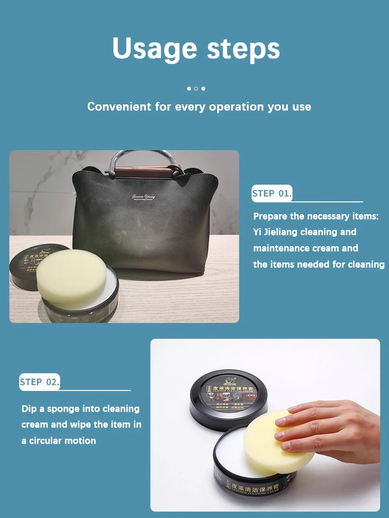 Instructions for using NoEnName_Null leather cleaning cream, showing steps for preparation and application on leather items.