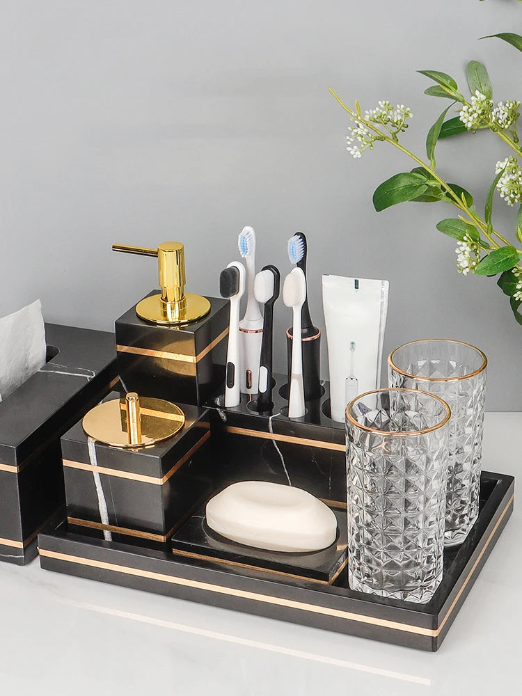 Black Nero Marquin Natural Marble Bathroom Accessories Luxury Gold Soap Dish Soap Dispenser Toothbrush Holder Tray Bathroom Set
