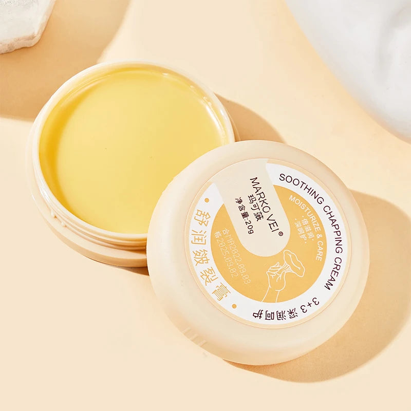 Soothing chapping cream in a round container for dry skin relief and intense moisturization.