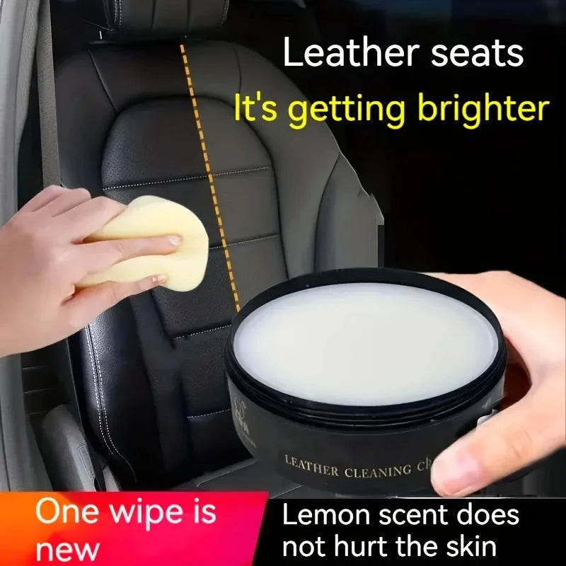 Leather cleaning cream in use on car seats, showcasing its effectiveness with a lemon scent for easy maintenance.