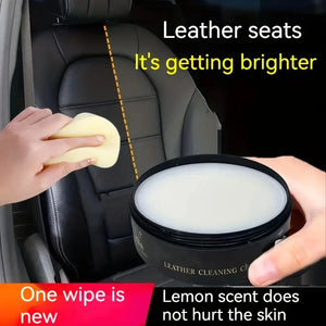Leather cleaning cream in use on car seats, showcasing its effectiveness with a lemon scent for easy maintenance.