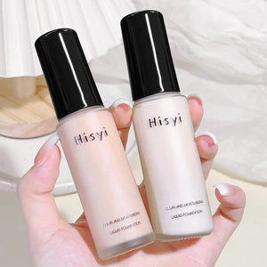 HisyI liquid foundation bottles showcasing a clear and moisturizing formula, perfect for all skin tones.