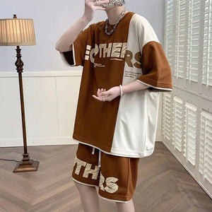 Clothes for Men Alphabet Top Jogging Sports Suits Brown Male T Shirt Sweatpants Shorts Sets Sweatshirt Tracksuit Stylish Loose S