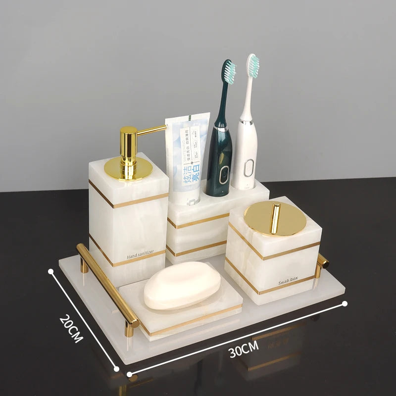 White Onyx Natural Marble Bathroom Accessories Luxury Golden Soap Dispenser Toothbrush Holder Soap Dish Tray Set for Bathroom