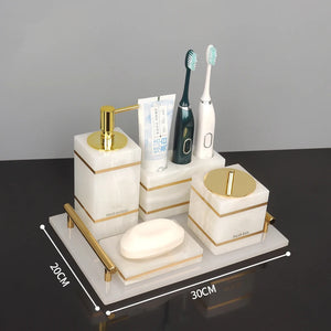 White Onyx Natural Marble Bathroom Accessories Luxury Golden Soap Dispenser Toothbrush Holder Soap Dish Tray Set for Bathroom