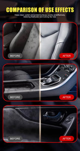 Comparison of leather surfaces before and after using cleaning cream, showing restoration to like-new condition.
