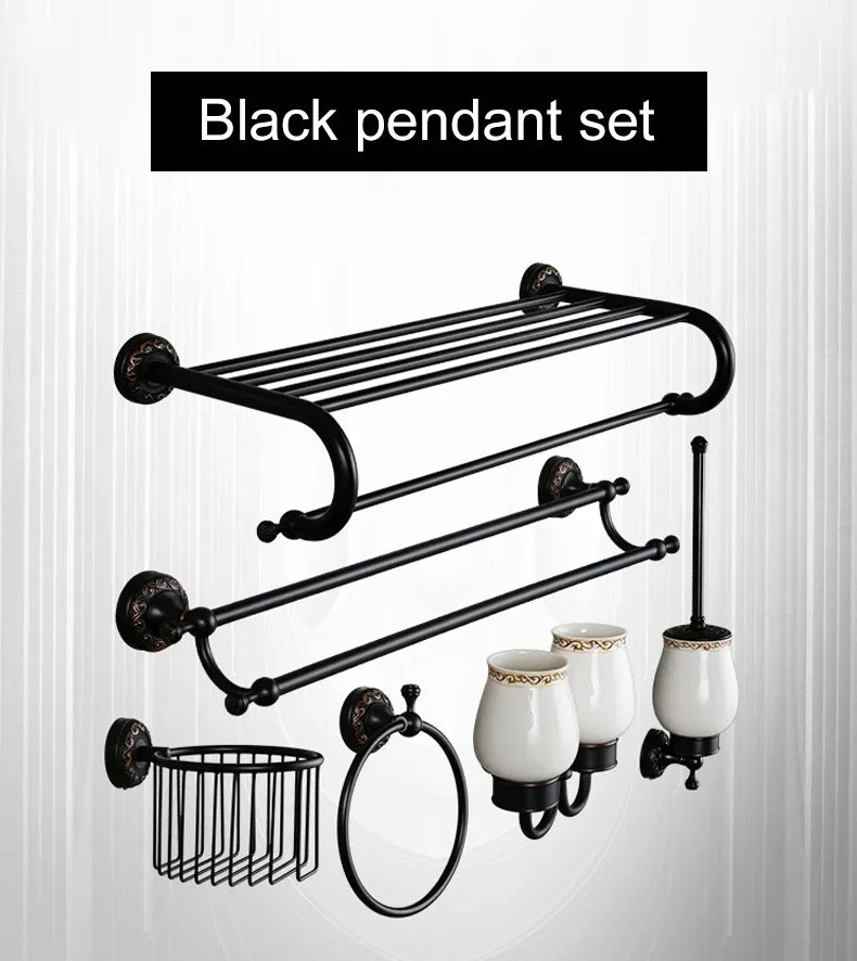 Black Bronze Bathroom Accessories Carving Bath Towel Shelves Toilet Brush Holder Soap Holder Toilet Paper Holder Bath Hardware