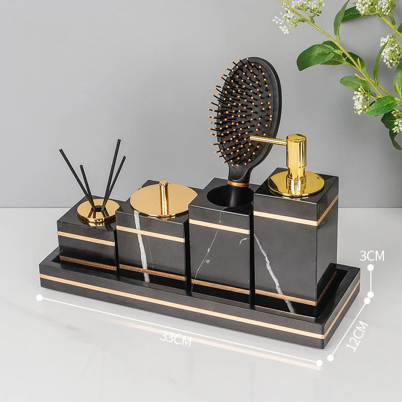 Black Nero Marquin Natural Marble Bathroom Accessories Luxury Gold Soap Dish Soap Dispenser Toothbrush Holder Tray Bathroom Set