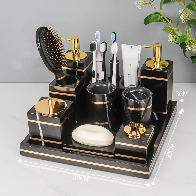 Black Nero Marquin Natural Marble Bathroom Accessories Luxury Gold Soap Dish Soap Dispenser Toothbrush Holder Tray Bathroom Set