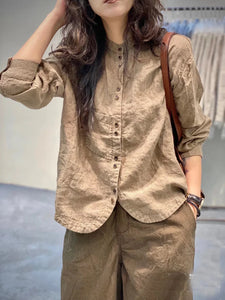Women's Clothing Vintage Simple Chic Button Up Shirt Solid Casual Cotton Blouse O Neck Long Sleeve Loose Tops Camisas De Mujer