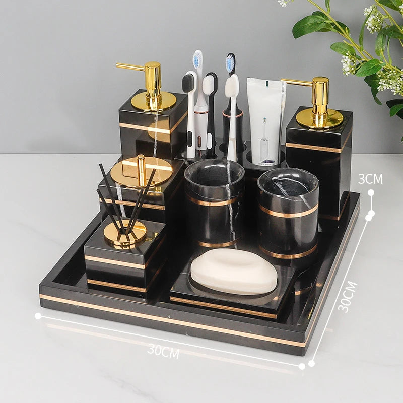 Black Nero Marquin Natural Marble Bathroom Accessories Luxury Gold Soap Dish Soap Dispenser Toothbrush Holder Tray Bathroom Set