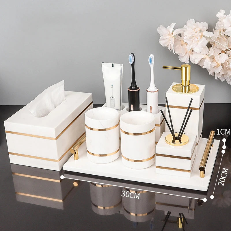 Volakos White Natural Marble Bathroom Accessories Golden Luxury Soap Dish Soap Dispenser Toothbrush Holder Tray Bathroom Set