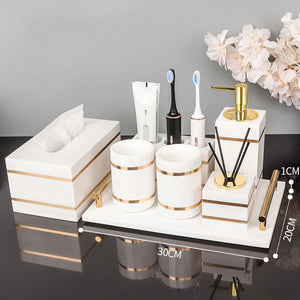 Volakos White Natural Marble Bathroom Accessories Golden Luxury Soap Dish Soap Dispenser Toothbrush Holder Tray Bathroom Set