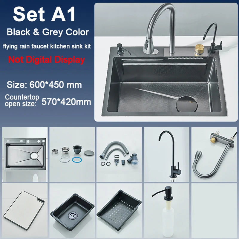 Large 60x45cm Single Slot Kitchen Sink with Faucet 304 Stainless Steel Rainfall 4 Functions Sink with Soap Dispenser,Cup Washer