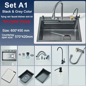 Large 60x45cm Single Slot Kitchen Sink with Faucet 304 Stainless Steel Rainfall 4 Functions Sink with Soap Dispenser,Cup Washer