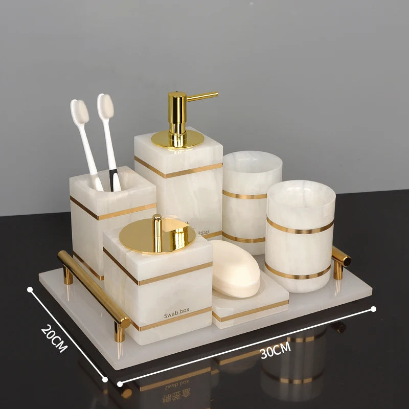White Onyx Natural Marble Bathroom Accessories Luxury Golden Soap Dispenser Toothbrush Holder Soap Dish Tray Set for Bathroom