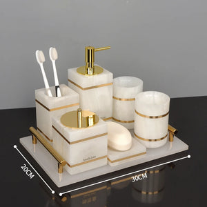 White Onyx Natural Marble Bathroom Accessories Luxury Golden Soap Dispenser Toothbrush Holder Soap Dish Tray Set for Bathroom