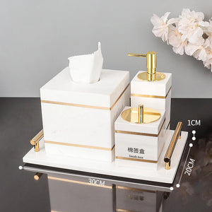 Volakos White Natural Marble Bathroom Accessories Golden Luxury Soap Dish Soap Dispenser Toothbrush Holder Tray Bathroom Set
