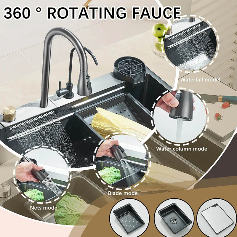 Large 60x45cm Single Slot Kitchen Sink with Faucet 304 Stainless Steel Rainfall 4 Functions Sink with Soap Dispenser,Cup Washer