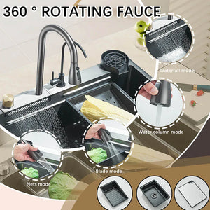 Large 60x45cm Single Slot Kitchen Sink with Faucet 304 Stainless Steel Rainfall 4 Functions Sink with Soap Dispenser,Cup Washer