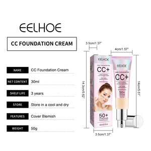 EELHOE CC Foundation Cream packaging with benefits like Blemish Control and Waterproof features, 30ml, 50g.