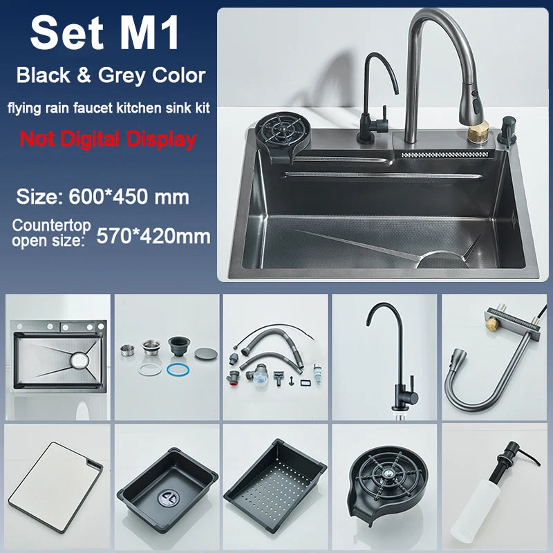 Large 60x45cm Single Slot Kitchen Sink with Faucet 304 Stainless Steel Rainfall 4 Functions Sink with Soap Dispenser,Cup Washer