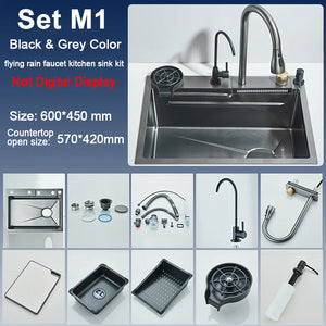 Large 60x45cm Single Slot Kitchen Sink with Faucet 304 Stainless Steel Rainfall 4 Functions Sink with Soap Dispenser,Cup Washer