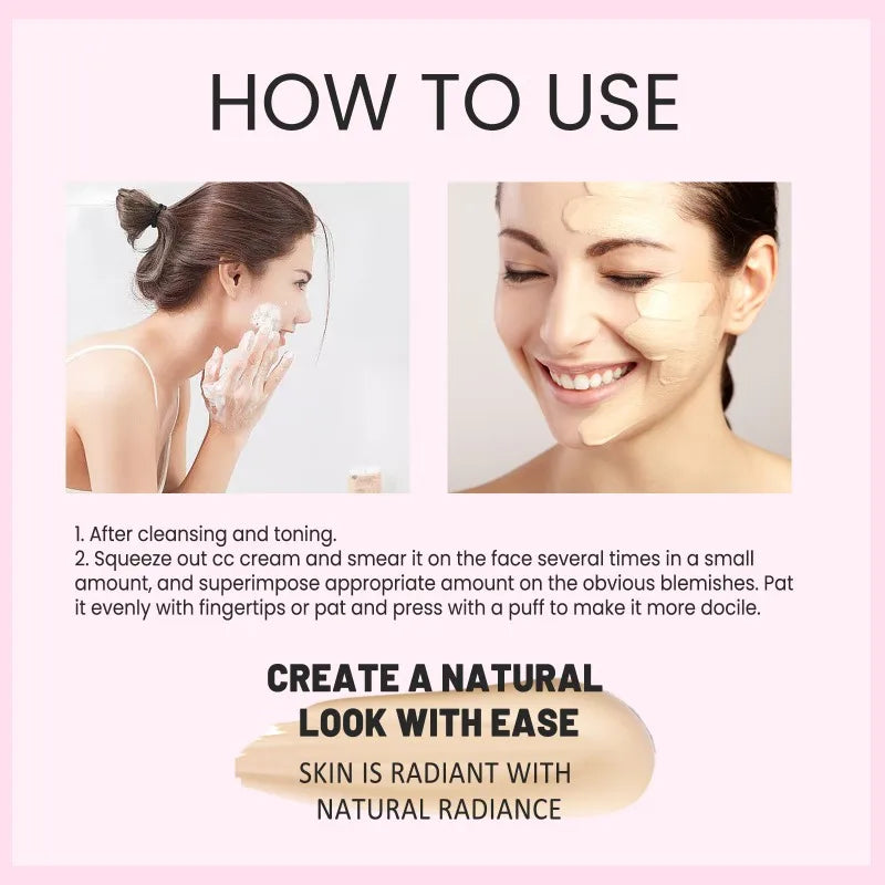 How to use CC Foundation Cream for a natural, radiant look with moisturizing benefits and blemish coverage.