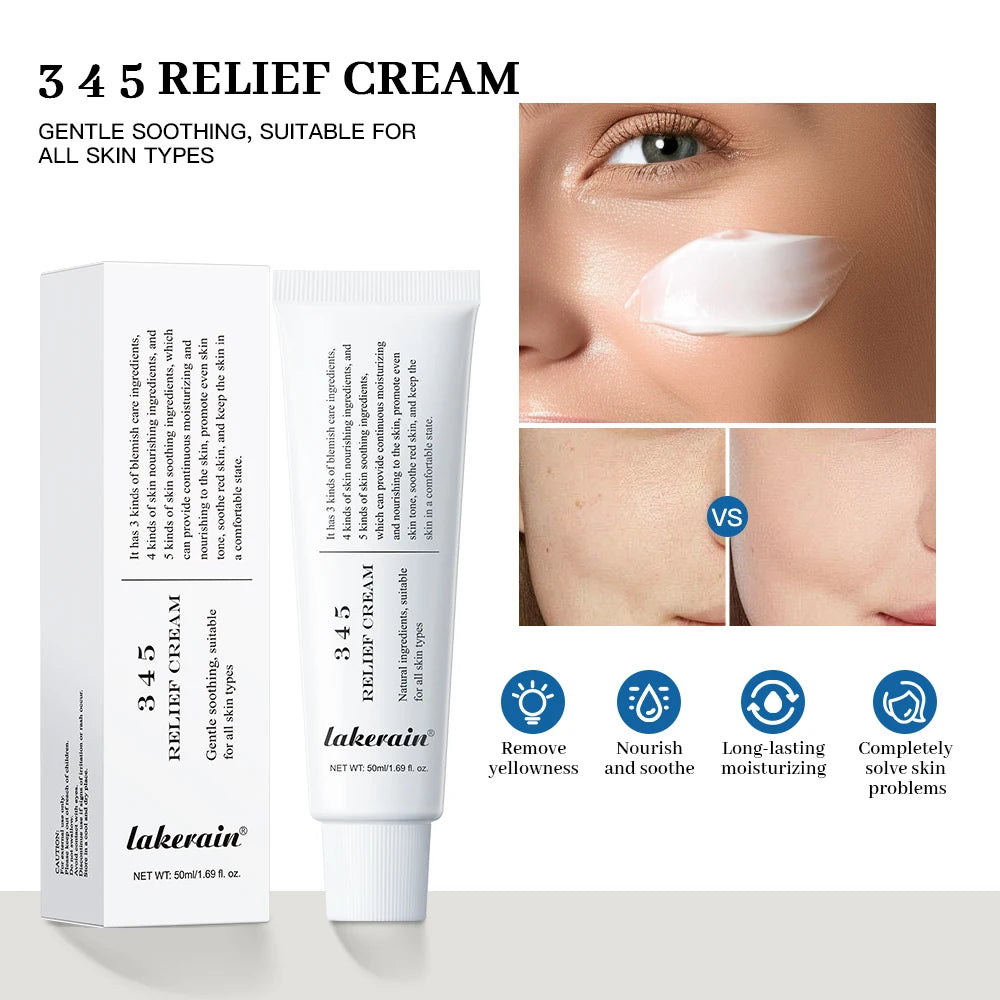 345 Relief Cream by Lakerain in a tube, depicting soothing skincare for all skin types, with benefits like nourishment and moisture.