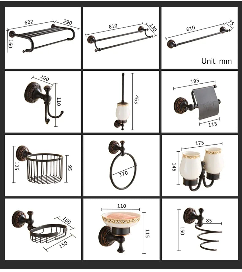 Black Bronze Bathroom Accessories Carving Bath Towel Shelves Toilet Brush Holder Soap Holder Toilet Paper Holder Bath Hardware