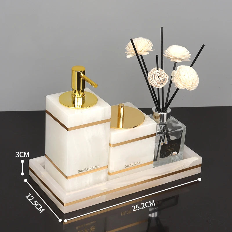 White Onyx Natural Marble Bathroom Accessories Luxury Golden Soap Dispenser Toothbrush Holder Soap Dish Tray Set for Bathroom