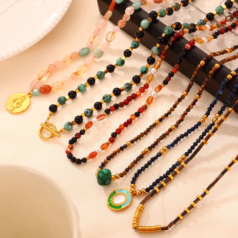 Necklace Set For Women Portrait Stainless Steel Colorful Nature Pearl Chain Beaded Luxury Jewelry Party Wedding Gift