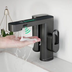 ZAPPO Sensor Bathroom Faucet with Automatic Sensor Smart Soap Dispenser White Basin Sink Faucets Deck Mounted Mixer Tap Black