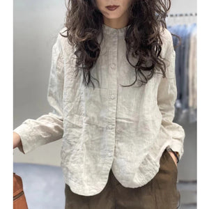 Women's Clothing Vintage Simple Chic Button Up Shirt Solid Casual Cotton Blouse O Neck Long Sleeve Loose Tops Camisas De Mujer