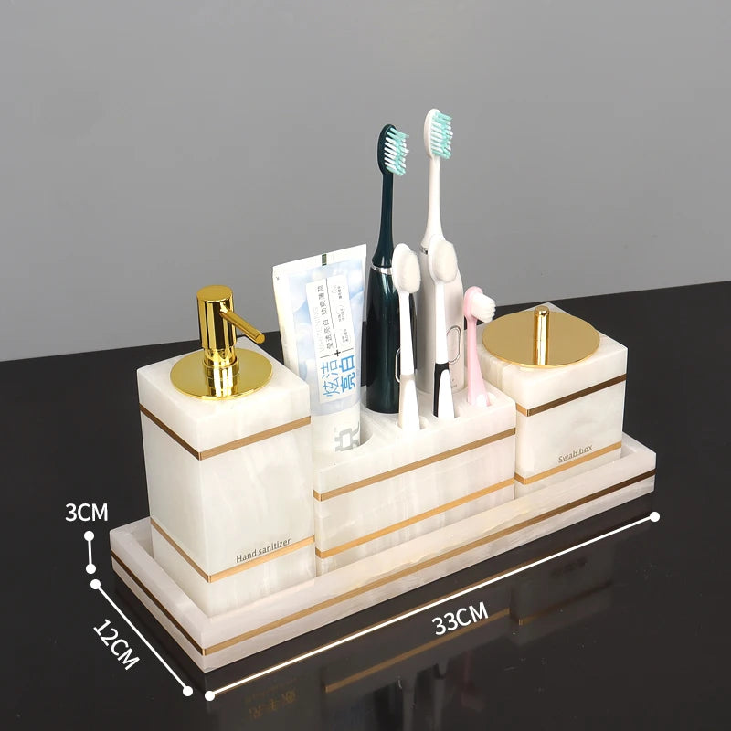 White Onyx Natural Marble Bathroom Accessories Luxury Golden Soap Dispenser Toothbrush Holder Soap Dish Tray Set for Bathroom