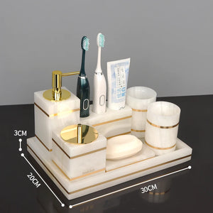 White Onyx Natural Marble Bathroom Accessories Luxury Golden Soap Dispenser Toothbrush Holder Soap Dish Tray Set for Bathroom