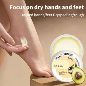 Moisturizing hand and foot cream for dry, cracked skin with avocado extract, promoting softness and hydration.