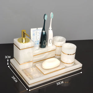 White Onyx Natural Marble Bathroom Accessories Luxury Golden Soap Dispenser Toothbrush Holder Soap Dish Tray Set for Bathroom